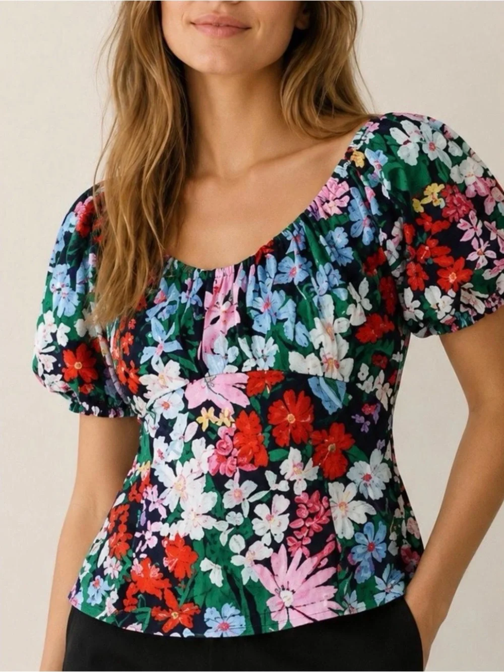 Old Navy Navy Floral Puff Sleeve Scoop Neck Top